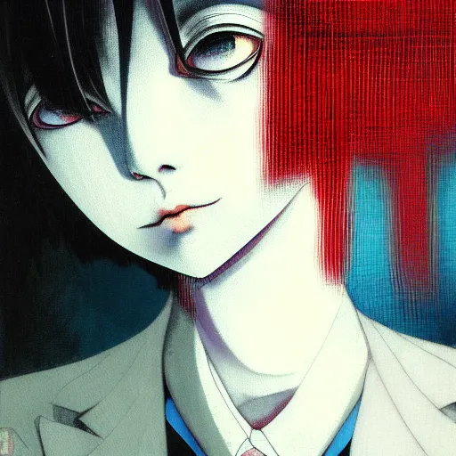 Image similar to yoshitaka amano blurred and dreamy realistic three quarter angle horror portrait of a sinister young woman with short hair, horns and red eyes wearing office suit with tie, junji ito abstract patterns in the background, satoshi kon anime, noisy film grain effect, highly detailed, renaissance oil painting, weird portrait angle, blurred lost edges