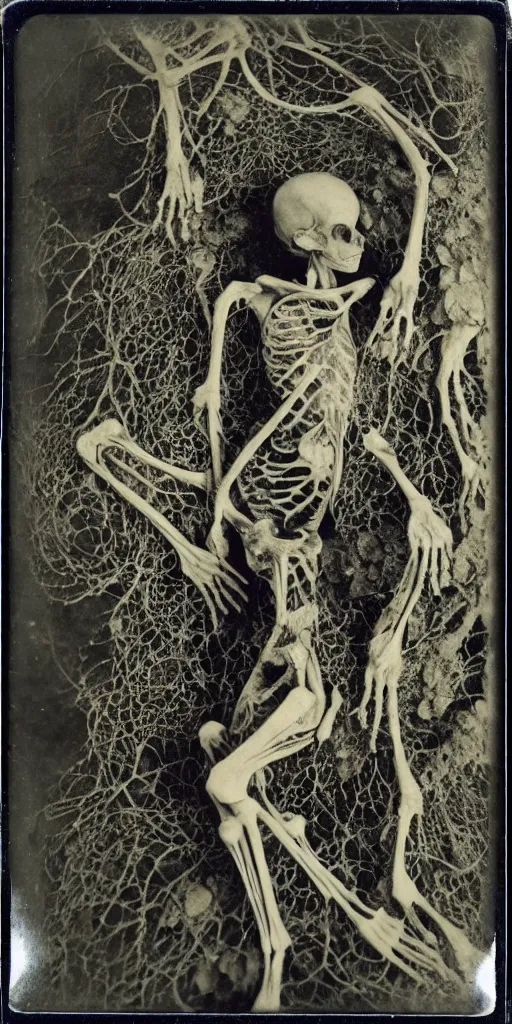 Image similar to an 1 9 1 0 polaroid photography of a very sad and detailed rotten woman corpse with fractal coral reefs and ornate growing all around, muscles, veins, arteries, bones, anatomical, skull, eye, ears, organs, flesh, full body, intricate, surreal, ray caesar, john constable, guy denning, dan hillier, black and white