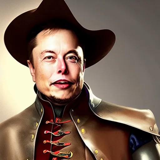 Prompt: elon musk as a musketeer, he has a big hat and holds a shiny sword