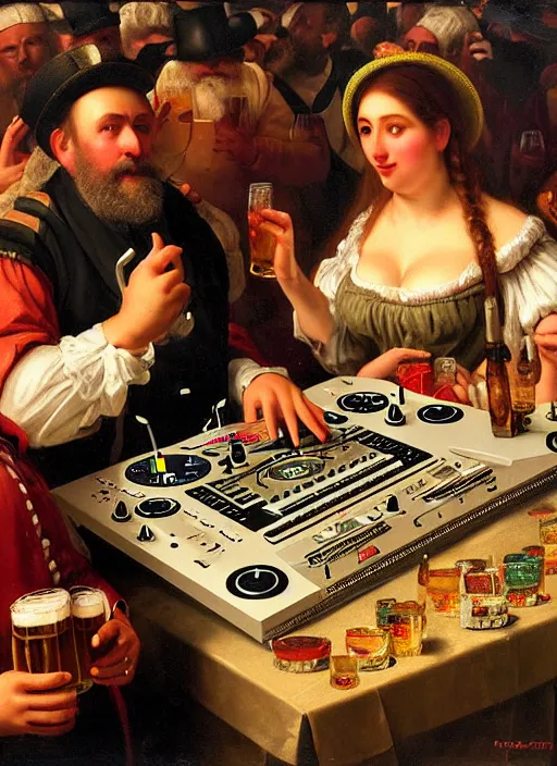 Prompt: large technics dj table octoberfest invite card, large clean faced man and large round faced woman watching together to the camera, beer glasses, strudels and birthday presents surrounded by presents, realistic, highly detailed, digital illustration, trending in artstation, classical painting, smooth, sharp focus art by ilya repin