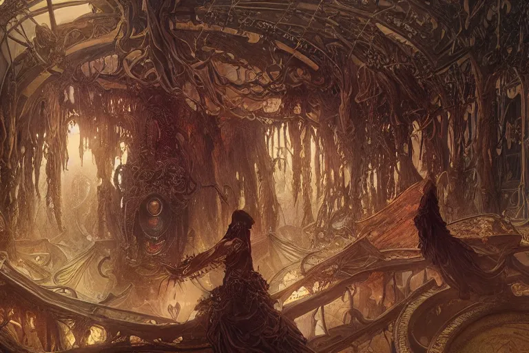 Image similar to a lovecraftian painting of a demonic shrine, occult, sacred ritual, cosmic horror elements, ultra realistic, concept art, intricate details, eerie, highly detailed, photorealistic, octane render, 8 k, unreal engine. art by artgerm and greg rutkowski and alphonse mucha