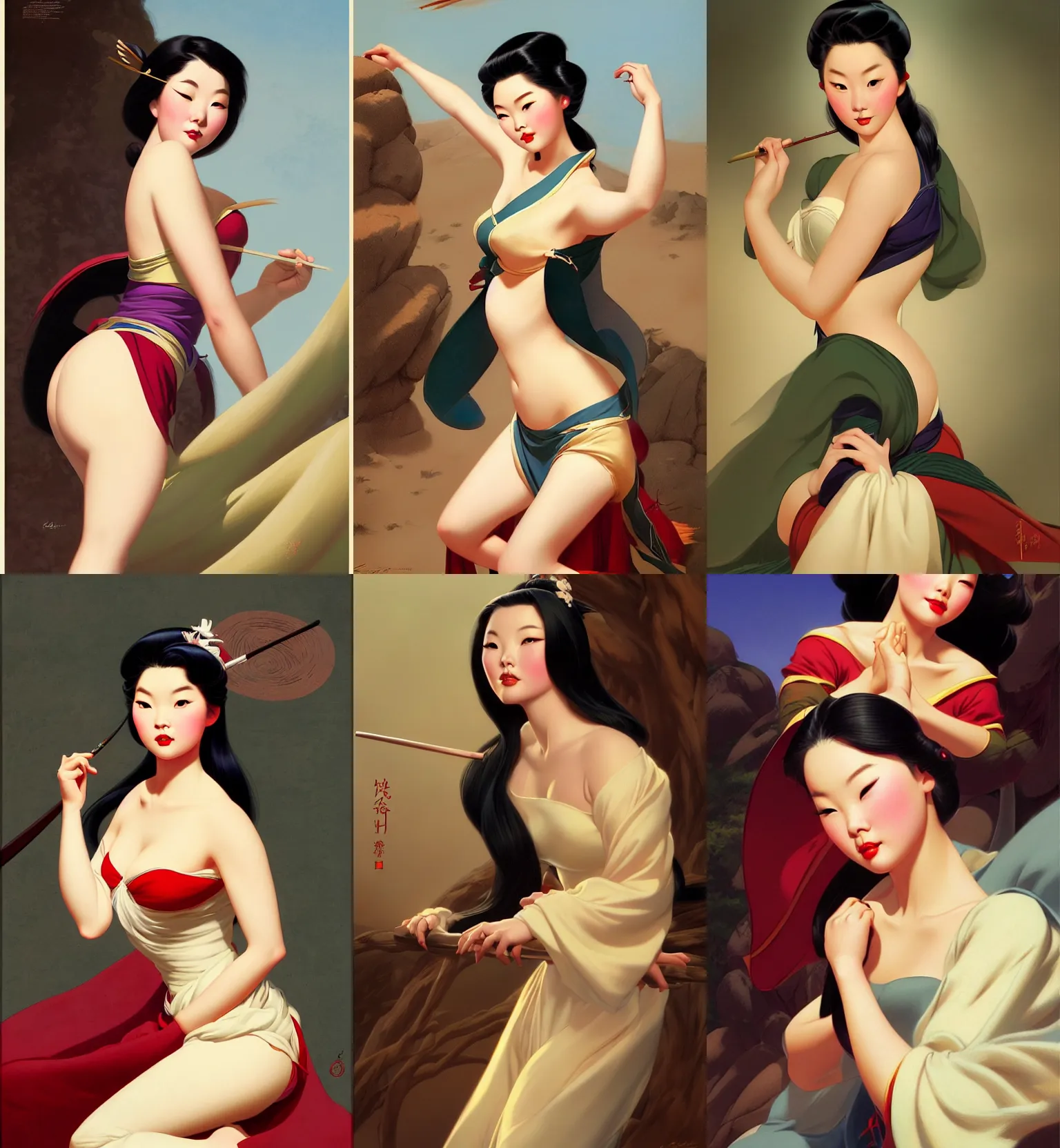 Prompt: portrait of a young curvaceous mulan, dreamy and ethereal, expressive pose, peaceful expression, elegant, highly detailed, digital painting, artstation, concept art, smooth, sharp focus, by gil elvgren