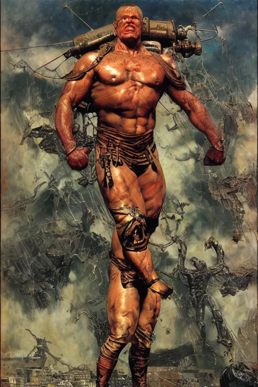 Image similar to jocko willink as huge superhero mutant warrior, dynamic action, dystopian, by lawrence alma tadema and zdzislaw beksinski and norman rockwell and tom lovell and greg staples