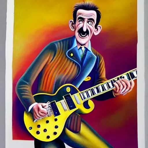 Image similar to beautiful lifelike painting of barry chuckle shredding on a gibson les paul, furious guitar solo, hyperreal detailed facial features and uv lighting, art by ed roth and basil wolverton