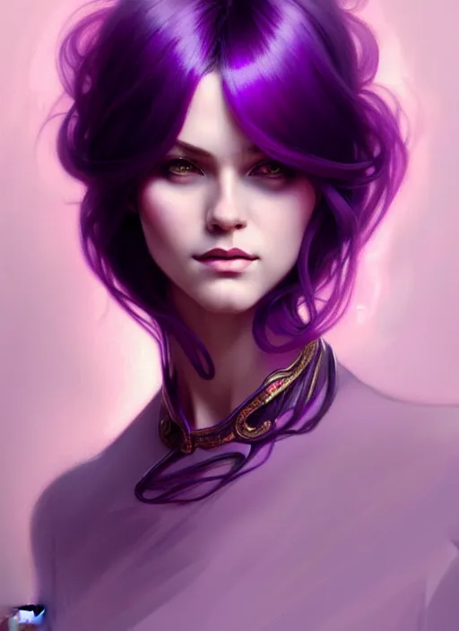 Image similar to Purple hair, creative colouring Portrait of woman, fashion, intricate, elegant, highly detailed, digital painting, artstation, concept art, smooth, sharp focus, illustration, art by artgerm and greg rutkowski and alphonse mucha