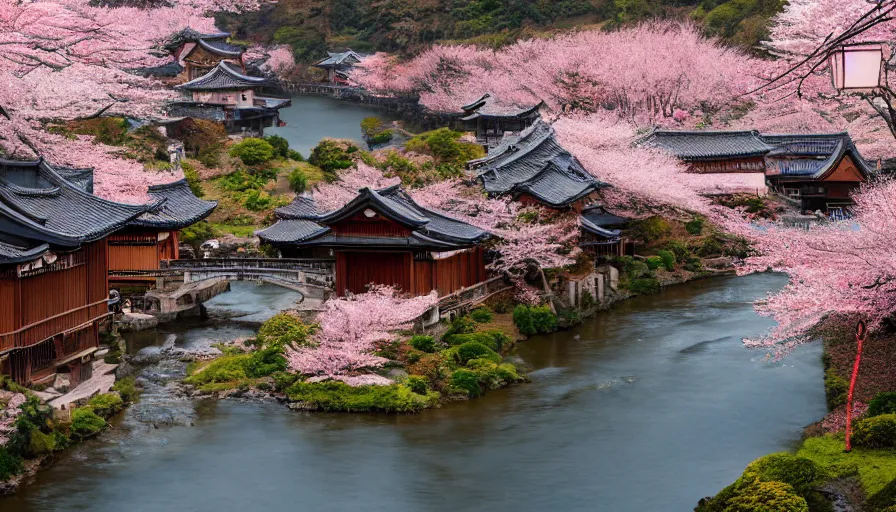 Image similar to japanese village with river, cherry blossoms, rustic houses, manga, hyperdetailed, artstation, cgsociety, 8 k