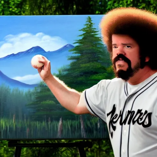 Image similar to a closeup photorealistic photograph of bob ross painting an image of kenny powers pitching a baseball on a canvas. mountains and trees. film still. brightly lit scene. this 4 k hd image is trending on artstation, featured on behance, well - rendered, extra crisp, features intricate detail, epic composition and the style of unreal engine.