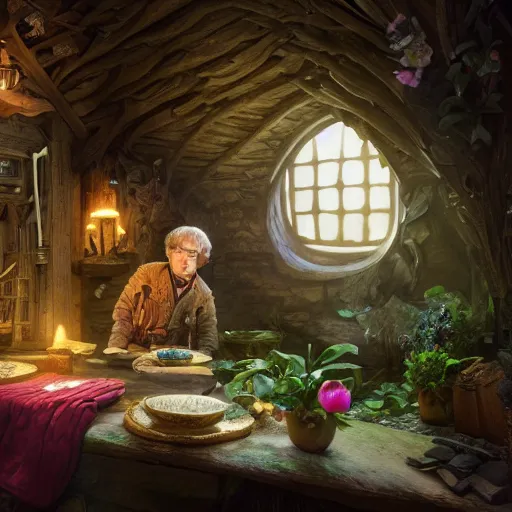 Image similar to bilbo baggins inside a medieval hobbit house, ornate, beautiful, atmosphere, vibe, flowers, concept art illustration, color page, 4 k, tone mapping, doll, akihiko yoshida, james jean, andrei riabovitchev, marc simonetti, yoshitaka amano, digital illustration, greg rutowski, volumetric lighting, sunbeams, particles