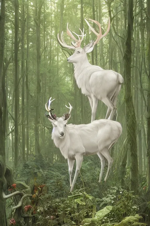 Image similar to White Stag in the distance, lush green deep forest, cold light, art nouveau, 4K, character concept art, oil painting, trending in artstation, cgsociety, by nekro, Alphonse Mucha, Artgerm, WLOP, Greg Rutkowski