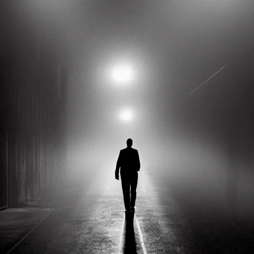 Prompt: A man walks across an empty alleyway at night, lit up by the streetlights on a foggy night and full moon, mysterious, abstract composition, rule of thirds, 35mm photography