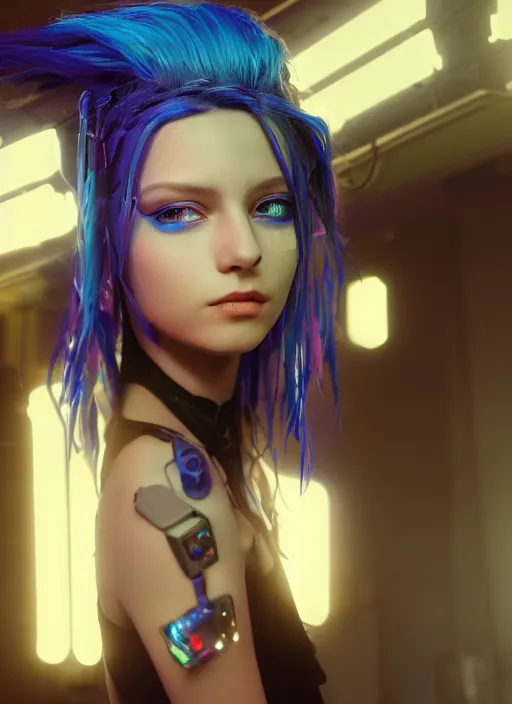 Image similar to beautiful young cyberpunk girl with blue hair, glowing blue eyes, staring menacingly at the cameraau naturel, hyper detailed, digital art, trending in artstation, cinematic lighting, studio quality, smooth render, fluorescent skin, unreal engine 5 rendered, octane rendered, art style by klimt and nixeu and ian sprigger and wlop and krenz cushart