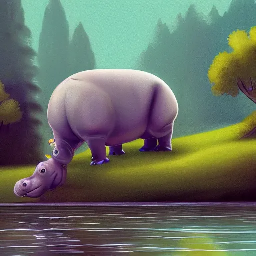 Prompt: sad hippo waking up in a beautiful river landscape, kids book illustration, trending on artstation