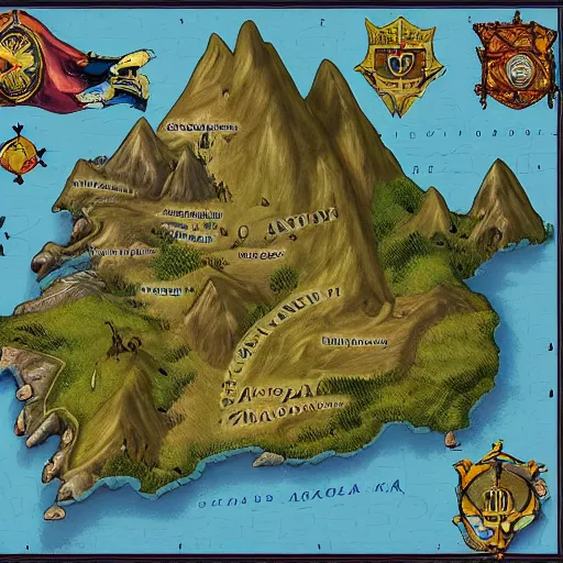 Image similar to map of the kingdom of almara with the crest of the kingdom in the top left corner, mountains, villages, roads, medieval - fantasy