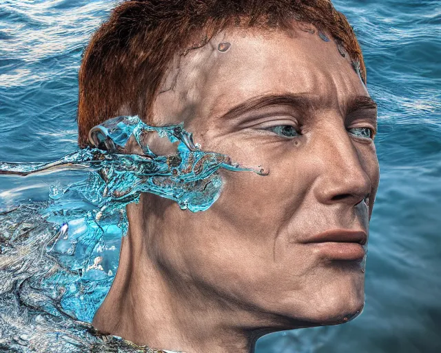 Image similar to a realistic human head coming out of the ground, surreal, water art manipulation, hyper realistic, ray tracing, realistic water, sharp focus, 8 k resolution, cinematic