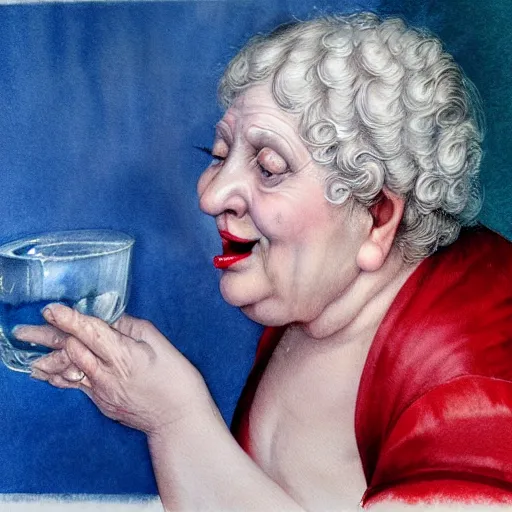 Image similar to a very funny stylize oil painting in renaissance style of a sweet fat old woman kissing her reflection. symmetry face, red mouth, blue eyes. flowery dress. hyper realistic scene. 3 d, octane render, deep focus, white scene. very funny and sweet image. unreal engine. watercolor. fellini style. pencil drawing style.