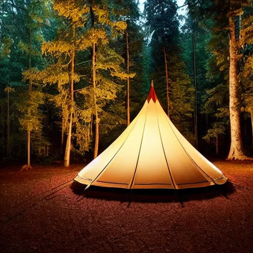 Prompt: fancy tent with light inside it in the middle of the forest, artistic,
