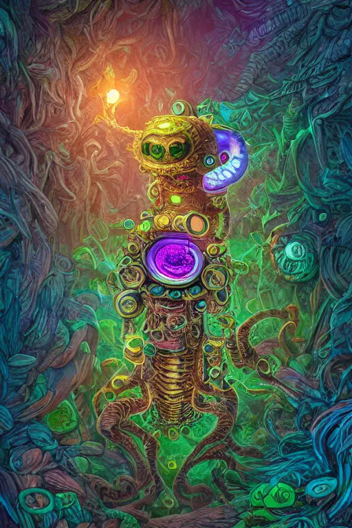 Image similar to creature sushi roots cactus elemental flush of force nature micro world fluo light deepdream a wild amazing steampunk baroque ancient alien creature, intricate detail, colorful digital painting radiating a glowing aura global illumination ray tracing