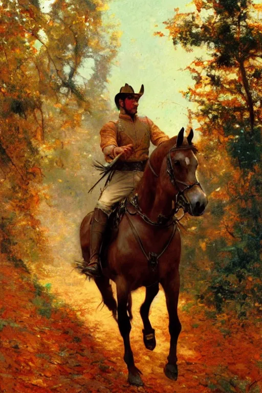 Image similar to attractive man riding a horse in the woods with falling red leaves, painting by gaston bussiere, craig mullins, j. c. leyendecker, ghibli style