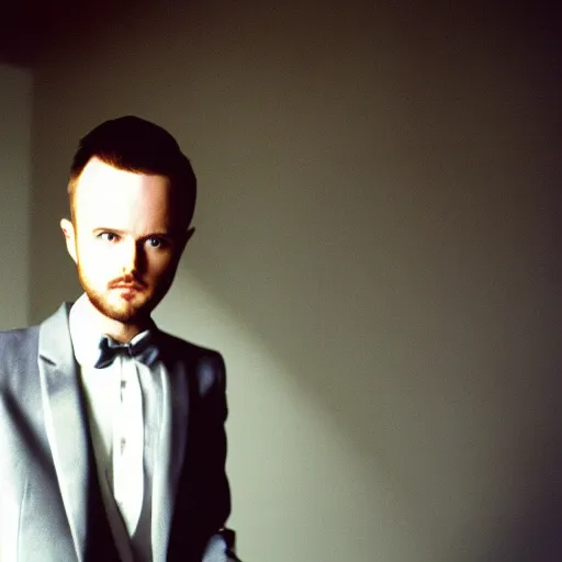 Image similar to color 35mm film still of young skinny Aaron Paul dressing elegantly, figure portrait