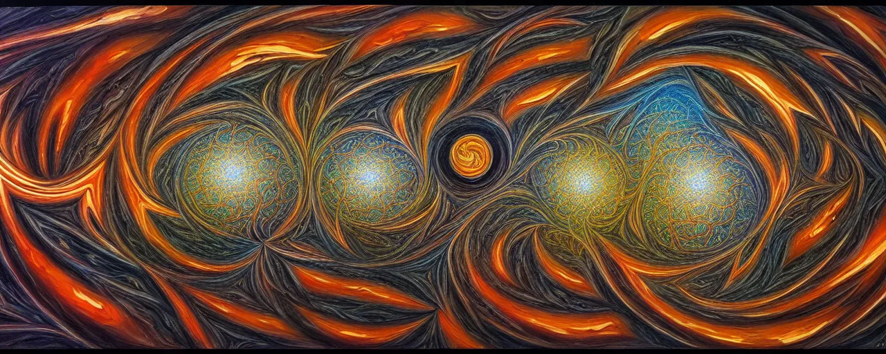 Image similar to a wonderful oil painting of a magic elemental sequential interdimensional galactic fractal mathematics just for practice in the style of junji ito and escher, psytrance and giger, artstationhq, magic realism, 8 k, ornate, detailed