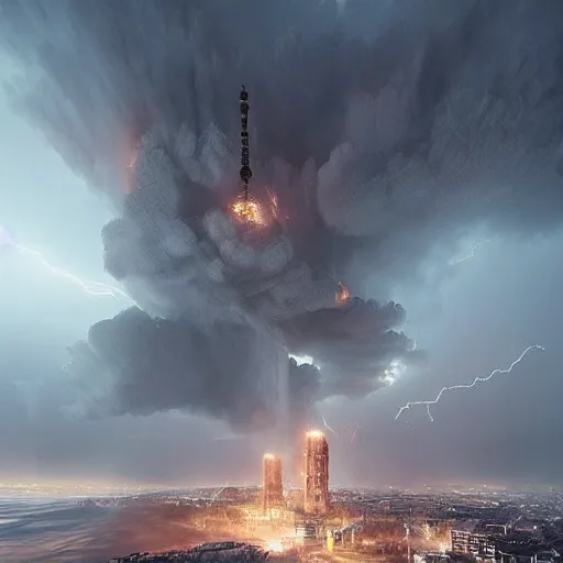 Image similar to a destroyed 1 9 0 0 city with a big tower in the middle covered in mist, lightning bolts hitting and exploding the buildings, 4 k, by michal karcz