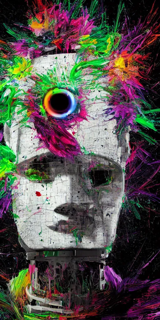 Prompt: dubstep visualized, a painting by thomas cole of a 3 d white robot head with flowers growing out, highly detailed, color bleeding, pixel sorting, plain black background, studio lighting, high contrast, bold composition, abstract paint color splotches
