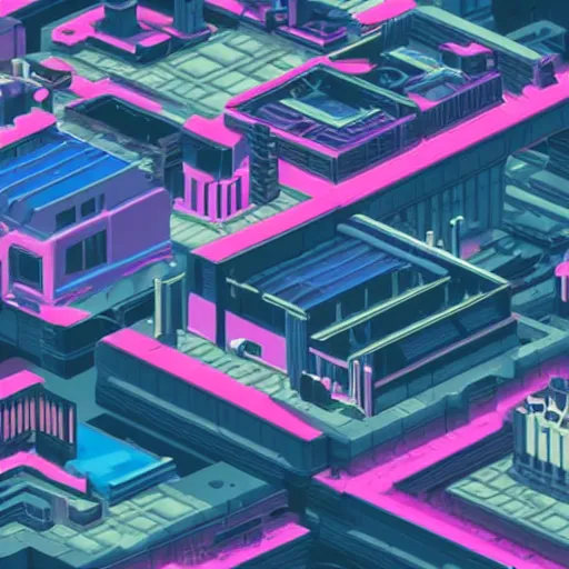 Image similar to isometric view of a cyberpunk city, samurai viewing the city from a rooftop, vaporwave skyline