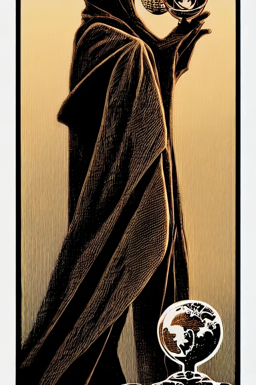 Image similar to side view of a sitting cloaked steampunk wizard holding crystal ball, high details, intricately detailed, by vincent di fate, inking, 3 color screen print, masterpiece, trending on artstation,, sharp, details, hyper - detailed, hd, 4 k, 8 k