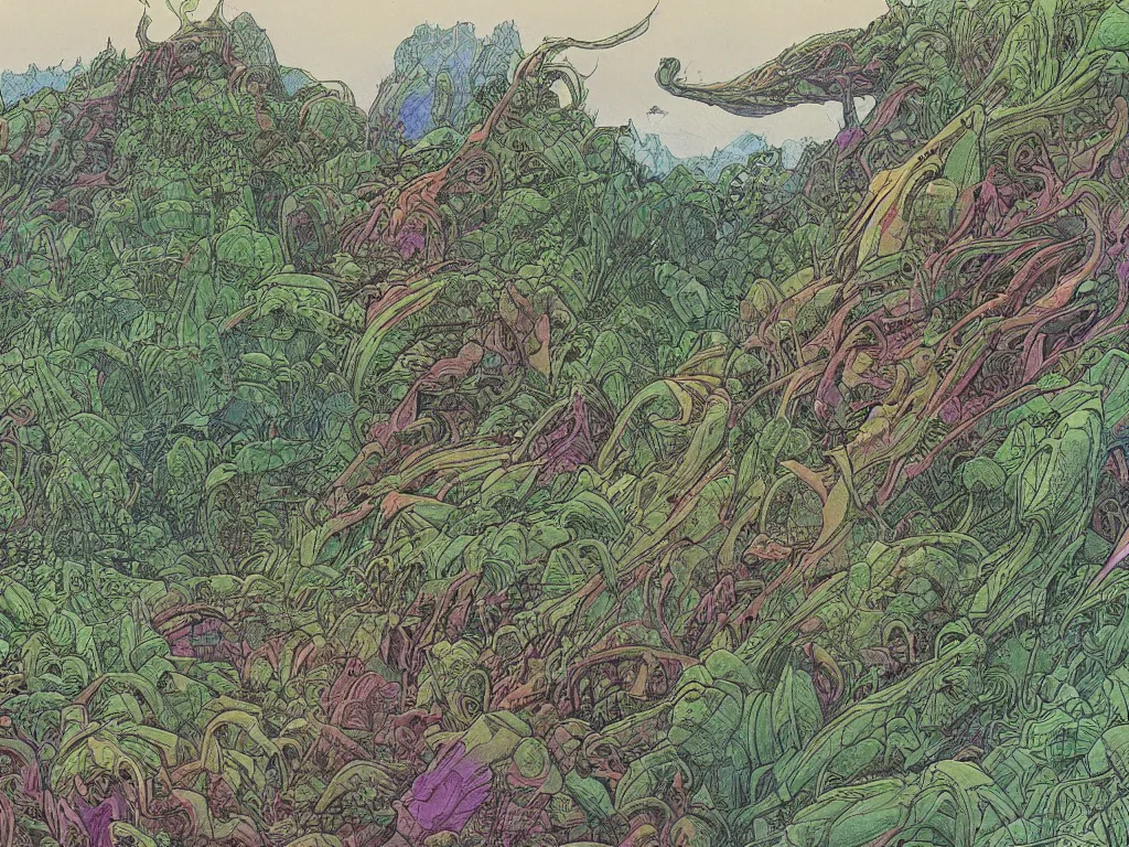 Prompt: moebius drawing painting lush alien landscape