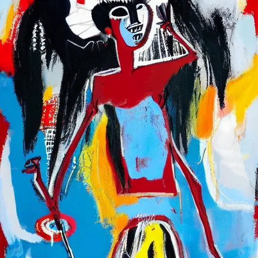 Prompt: A pretty attractive black woman with devil horns wearing a silver mini dress standing on the ocean, ,full body, pitchfork, creative background, abstract jean-Michel Basquiat oil painting with thick paint strokes, oil on canvas, intricately!!! detailed!!!