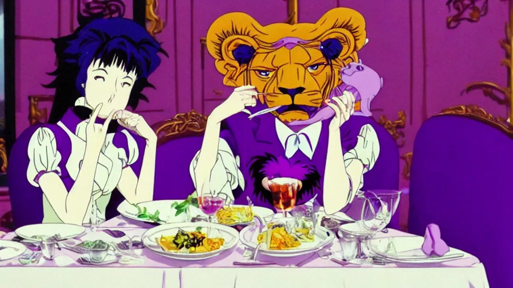 Prompt: a woman wearing a purple dress suit and a purple lion mask eating dinner at a fancy restaurant in Tokyo, anime film still from the an anime directed by Katsuhiro Otomo with art direction by Salvador Dalí, wide lens