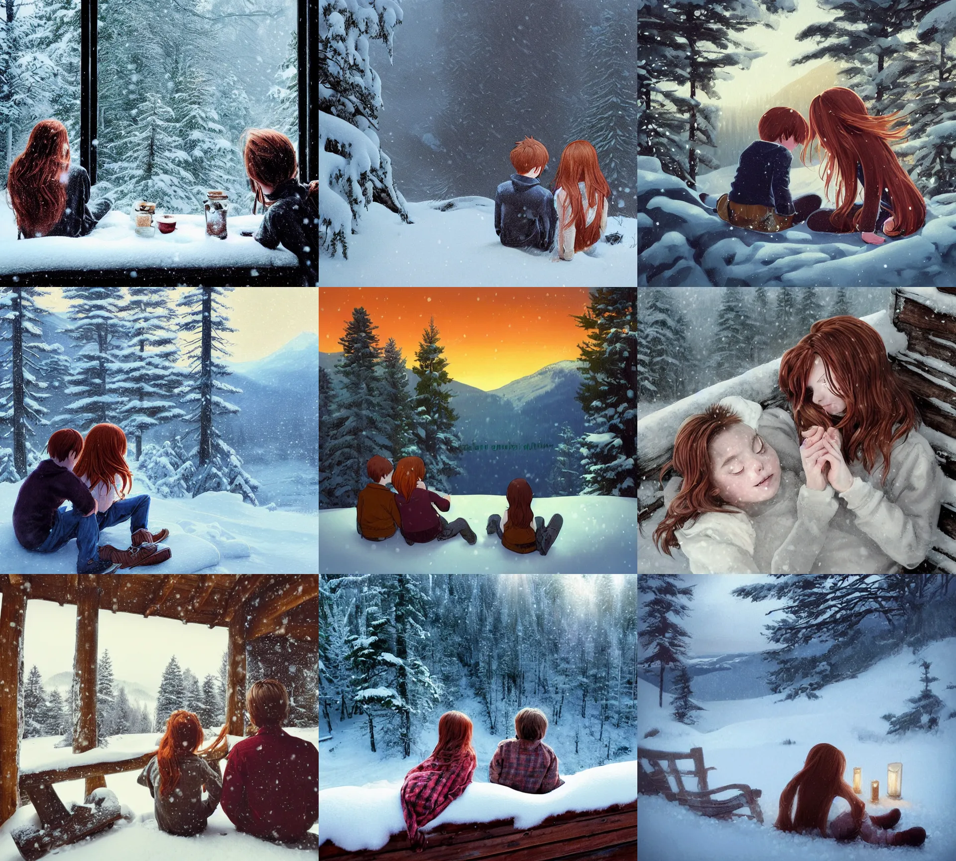 Prompt: a boy and a girl with long flowing auburn hair sitting together on the porch of a cabin on a mountain overlooking a snowy forest. Atmospheric lighting, long shot, romantic, boy and girl are the focus, cold lighting, snowy. details, sharp focus, illustration, pixiv, by ilya kuvshinov, krenz cushart, Greg Rutkowski, trending on ArtStation