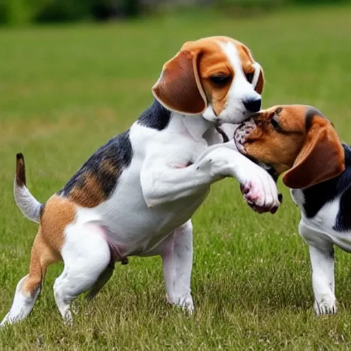 Prompt: beagle dog's fist fighting each other