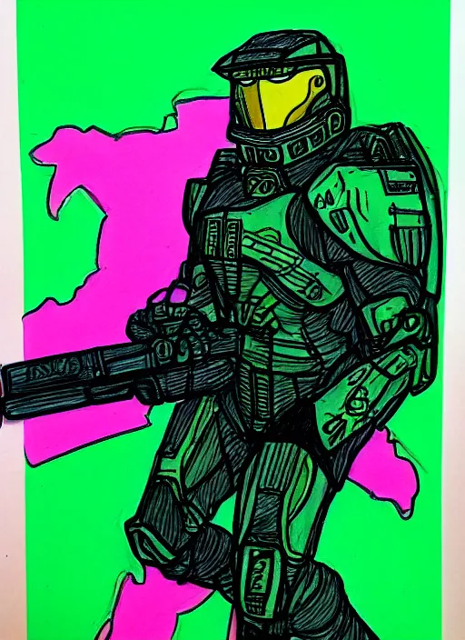 Image similar to green master chief drawn with markers on a pink background