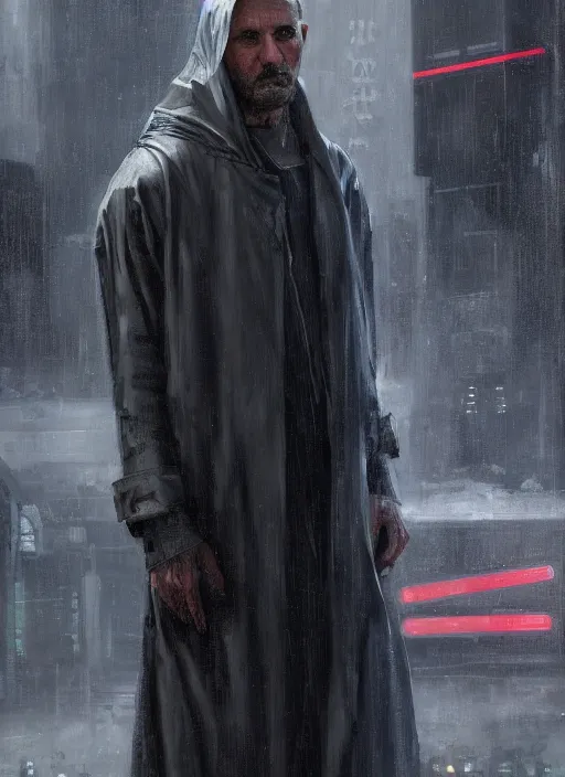 Image similar to futuristic cyberpunk beggar priest wearing an old raincoat ( blade runner 2 0 4 9, cyberpunk 2 0 7 7 character design ). orientalist portrait by john william waterhouse and james gurney and theodore ralli and nasreddine dinet, oil on canvas. cinematic, hyper realism, realistic proportions, dramatic lighting, high detail 4 k