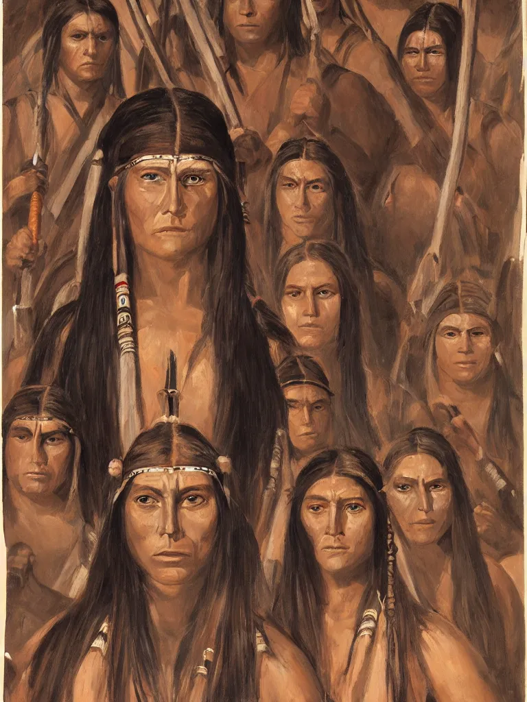 Image similar to portrait of Iroquois warrior princess souronded with the crowd of fighters in fighting pose , she holds light saber and looks directly into the camera, beautiful symmetrical face, big eyes, big lips, ornamental semi transparent robes, native rich jewelry