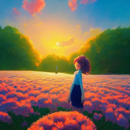 Image similar to girl with a giant carnation head, surreal photography, flower field, sunset dramatic light, impressionist painting, colorful clouds, blue sky, digital painting, artstation, simon stalenhag