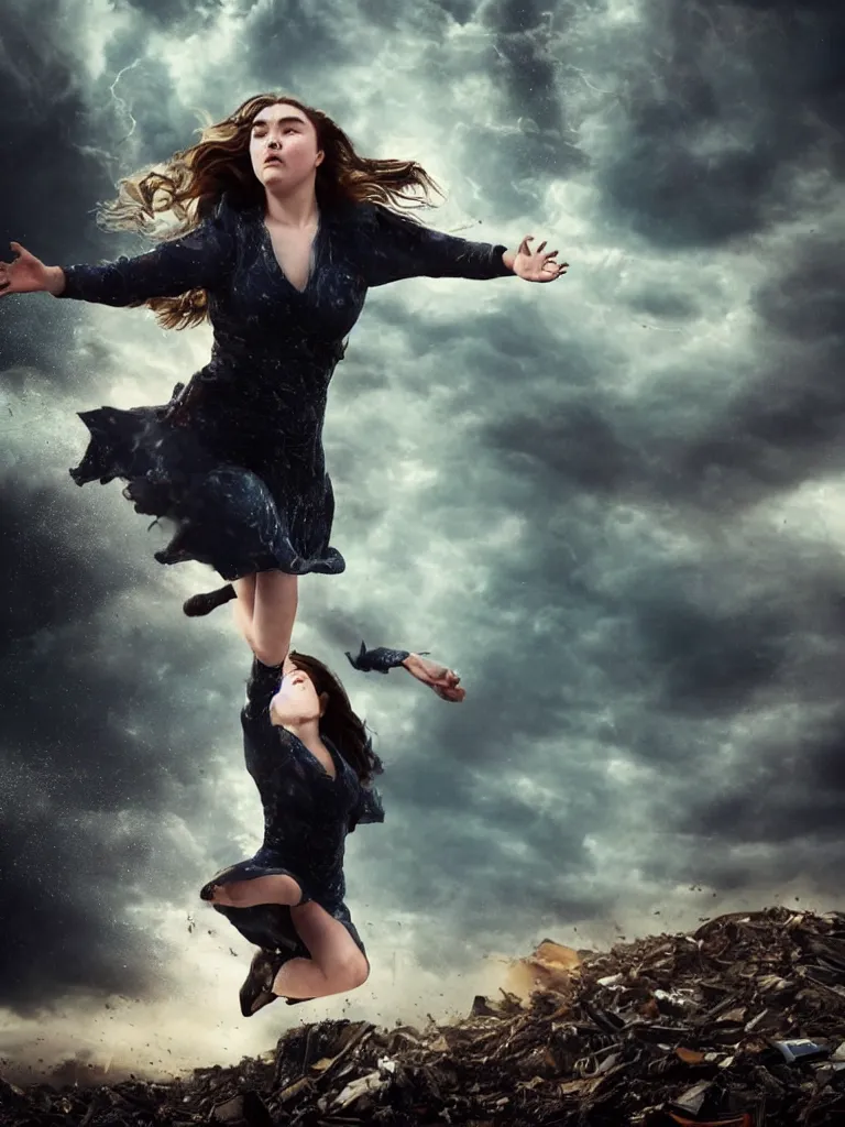 Image similar to expressive full body photo of florence pugh flying through a storm of debris, decolletage, confident pose, coherent, insane detail, concept art, character concept, cinematic lighting, global illumination radiating a glowing aura