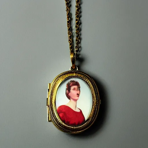 Image similar to open golden locket pendant with a retro photo of an elegant and aesthetic woman portrait, hanging from a closed hand.