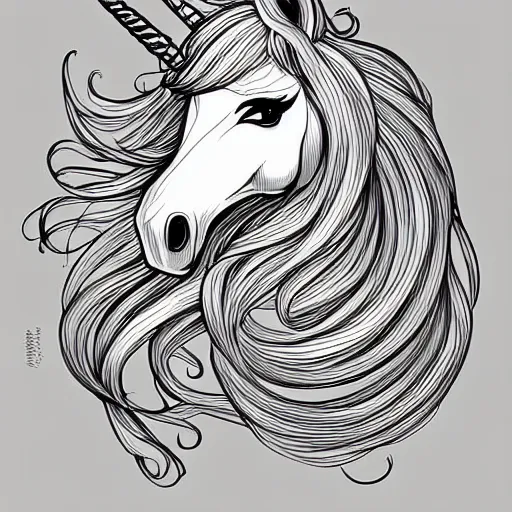 A beautiful unicorn with a long tail. Black and white linear drawing. For  the design of coloring books, postcards, prints, posters, stickers, tattoos  and so on. Vector Stock Vector | Adobe Stock