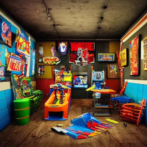 Image similar to large Mancave full of 80s toys games arcade games and wall posters Stuffy atmosphere, shadows, vintage, highly detailed, abandoned, octane render, blender, --width 1280 4k