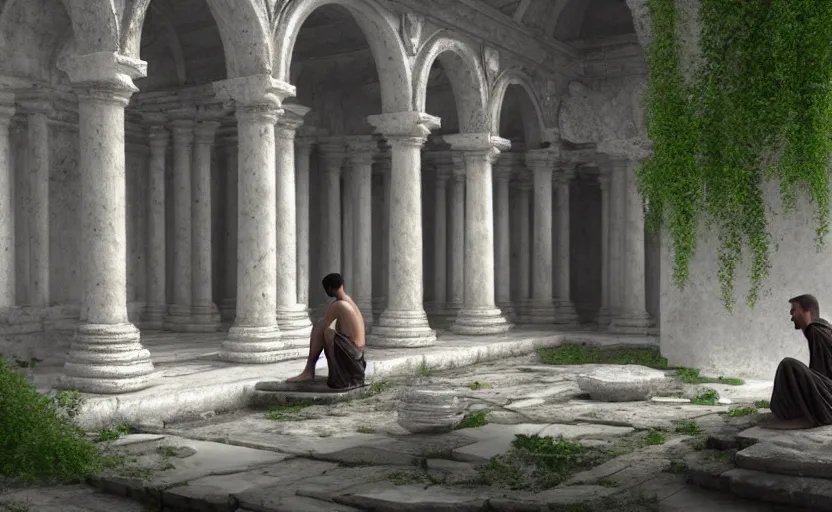 Prompt: barely visible monk wearing a white garment and sitting inside a ruined marble temple while being illuminated by daylight, vegetation, detailed, photorealism, digital painting, 4k