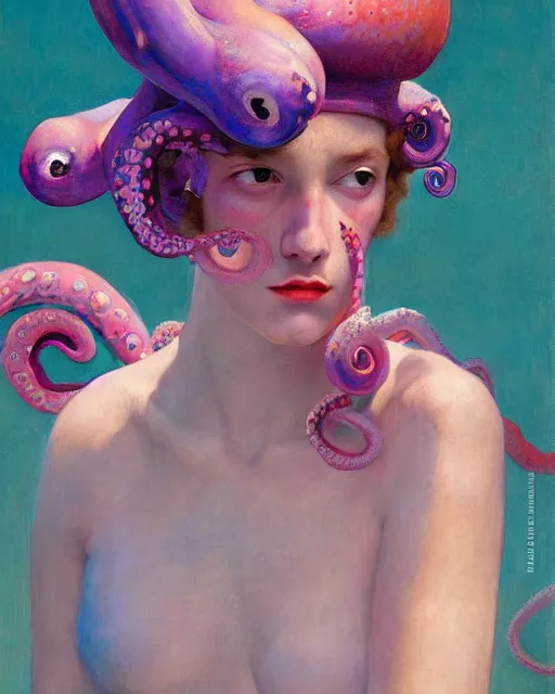 Image similar to a beautiful girl wearing a colourful octopus as a hat, painted by edgar maxence, edward hopper, wayne barlowe and james gilleard, airbrush, art by jamesjean