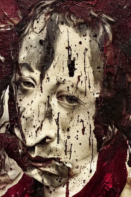 Prompt: portrait of medici melting, paint drips, burgundy oil dripping down, by Caravaggio, Lucian Freud texture painting, Renaissance, John Singer Sargant, glitch, Cy Twobmly writing and drawing all over the place