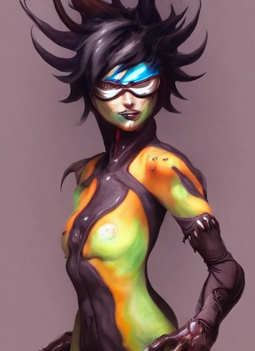 Image similar to dark full body painting of tracer from overwatch, in style of zdzisław beksinski, scary, horror, 4 k, feminine facial features, overwatch tracer character, horror, body horror, disturbing, detailed face, dressed in dark garment, black tendrils, tall,