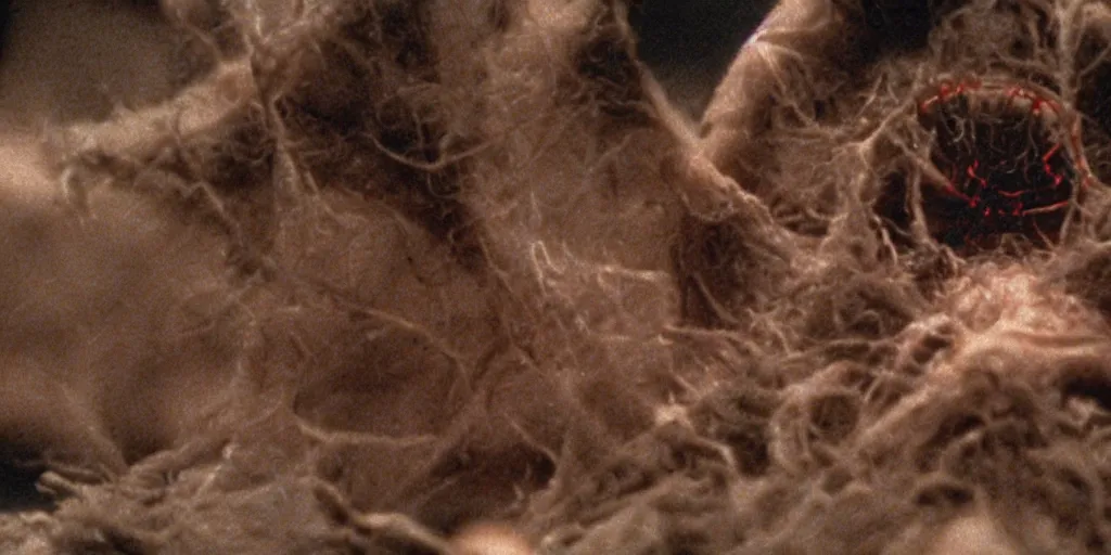 Image similar to filmic extreme closeup dutch angle movie still 4k UHD interior 35mm film color photograph of a detached human head with spider legs protruding out of it crawling acrosss he floor, in the style of a horror film The Thing 1982