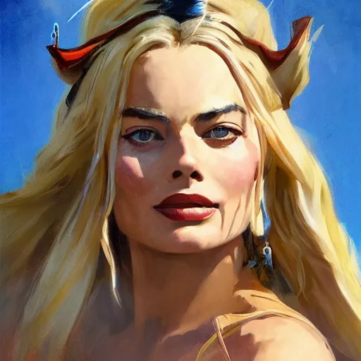 Prompt: greg manchess portrait of margot robbie as captain jack sparrow, epic grimdark, fantasy, medium shot, asymmetrical, profile picture, organic painting, sunny day, matte painting, bold shapes, hard edges, street art, trending on artstation, by huang guangjian and gil elvgren and sachin teng