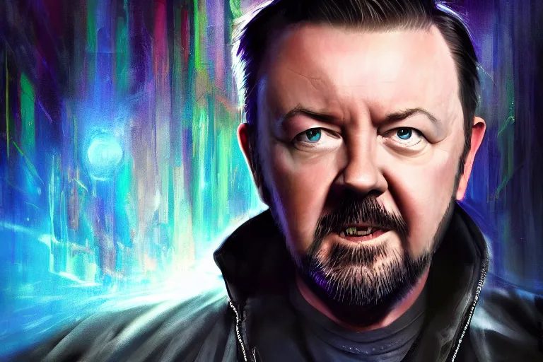 Image similar to full length portrait of ricky gervais as a cyberpunk wizard, dramatic lighting, depth, high detail, digital art, painted by marguerite anderson