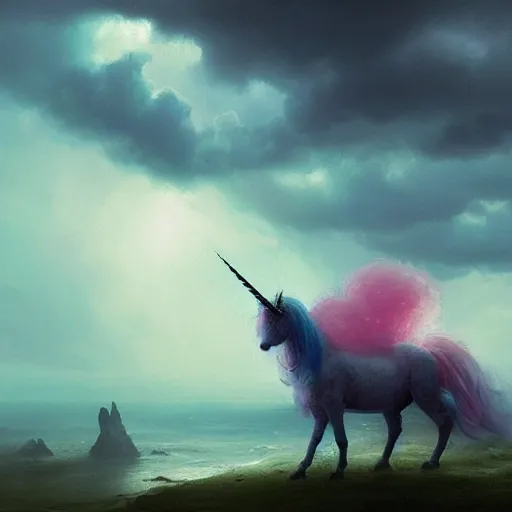 Image similar to Unicorn made of rainbow cotton candy, eerie, emotion, scenery, oil painting, Tooth Wu, Greg Rutkowski, RPG, dynamic lighting, fantasy art, high contrast, depth of field, landscape, scenery