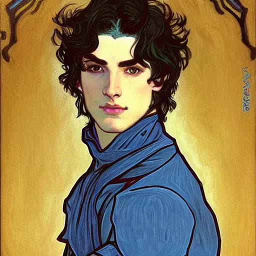 Image similar to portrait painting of young handsome beautiful paladin elf!! man with long! wavy dark hair in his 2 0 s named taehyung minjun adam at the blueberry party, wearing armor!, long hair, elf ears, blue eyes, blueeyes!, elegant, delicate, soft facial features, art, art by alphonse mucha, vincent van gogh, egon schiele,